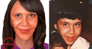 Á esquerda, projeção feita pela Polícia Civil de como Cleonice estaria, após 30 anos como desaparecida (Foto: divulgação/PC)