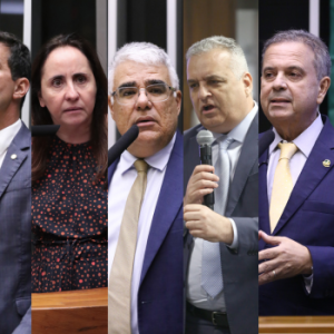 Marcel van Hattem, Luiz Lima, Adriana Ventura, Eduardo Girão, Alfredo Gaspar, Rogério Marinho e Lulinha Foto: Câmara dos Deputados e Juca Varella/Estadão