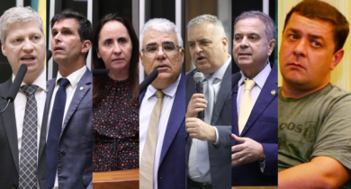 Marcel van Hattem, Luiz Lima, Adriana Ventura, Eduardo Girão, Alfredo Gaspar, Rogério Marinho e Lulinha Foto: Câmara dos Deputados e Juca Varella/Estadão