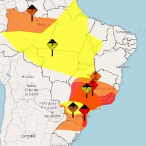 Mapa mostra mancha que representar onda de calor, em vermelho, sobre a região sul de Goiás (Foto: Divulgação/Inmet)
