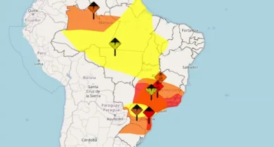 Mapa mostra mancha que representar onda de calor, em vermelho, sobre a região sul de Goiás (Foto: Divulgação/Inmet)